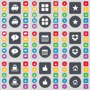 Car, Apps, Star, Chat bubble, Calendar, Dropbox, Ship, Like, House icon symbol. A large set of flat, colored buttons for your design. illustration