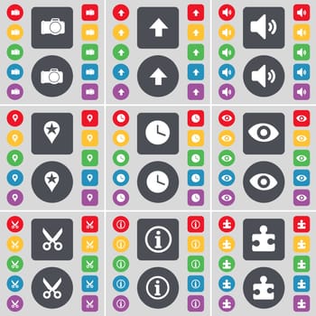Camera, Arrow up, Sound, Checkpoint, Clock, Vision, Scissors, Information, Puzzle part icon symbol. A large set of flat, colored buttons for your design. illustration