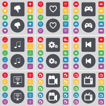 Hand, Heart, Gamepad, Note, Gear, Media skip, Monitor, Film camera, Retro TV icon symbol. A large set of flat, colored buttons for your design. illustration