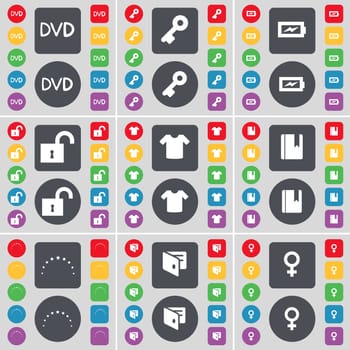 DVD, Key, Charging, Lock, T-Shirt, Dictionary, Star, Wallet, Venus symbol icon symbol. A large set of flat, colored buttons for your design. illustration