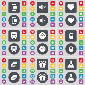 SMS, Mute, Heart, Truck, Clock, Mobile phone, Gallery, Gift, Flask icon symbol. A large set of flat, colored buttons for your design. illustration