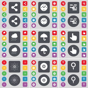 Share, Clock, Helicopter, Cloud, Umbrella, Hand, Star, Disk, Checkpoint icon symbol. A large set of flat, colored buttons for your design. illustration