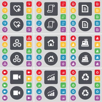 Heart, Scroll, Text file, Gear, House, Cash register, Film camera, Graph, Recycling icon symbol. A large set of flat, colored buttons for your design. illustration