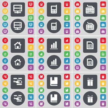 Server, Mobile phone, Keyboard, House, Diagram, File, Helicopter, Dictionary, Gift icon symbol. A large set of flat, colored buttons for your design. illustration