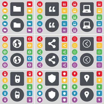 Folder, Quotation mark, Laptop, Earth, Share, Arrow left, Mobile phone, Badge, Checkpoint icon symbol. A large set of flat, colored buttons for your design. illustration