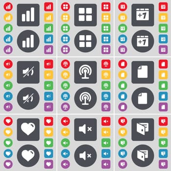 Diagram, Apps, Plus one, Mute, Wi-Fi, File, Heart, Wallet icon symbol. A large set of flat, colored buttons for your design. illustration