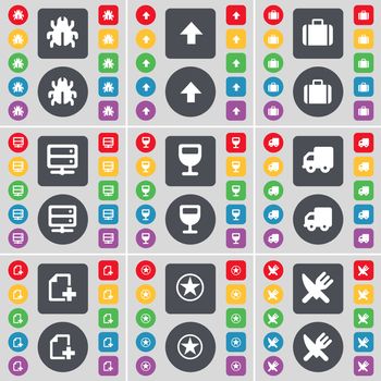 Bug, Arrow up, Suitcase, Server, Wineglass, Truck, File, Star, Fork and knife icon symbol. A large set of flat, colored buttons for your design. illustration