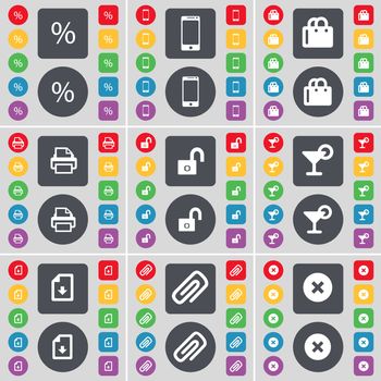 Percent, Smartphone, Shopping bag, Printer, Lock, Cocktail, Download file, Clip, Stop icon symbol. A large set of flat, colored buttons for your design. illustration