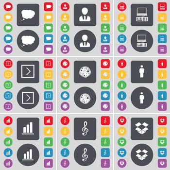 Chat cloud, Avatar, Laptop, Arrow right, Pizza, Silhouette, Diagram, Clef, Dropbox icon symbol. A large set of flat, colored buttons for your design. illustration
