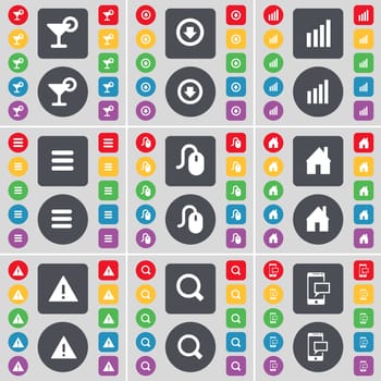 Cocktail, Arrow down, Diagram, Apps, Mouse, House, Warning, Magnifying glass, SMS icon symbol. A large set of flat, colored buttons for your design. illustration