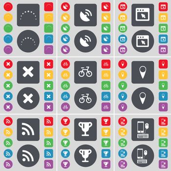 Stars, Satellite dish, Window, Stop, Bicycle, Checkpoint, RSS, Cup, Smartphone icon symbol. A large set of flat, colored buttons for your design. illustration