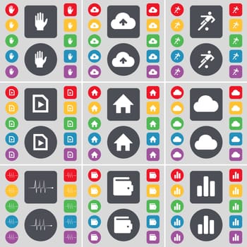 Hand, Cloud, Football, File, House, Cloud, Pulse, Wallet, Diagram icon symbol. A large set of flat, colored buttons for your design. illustration
