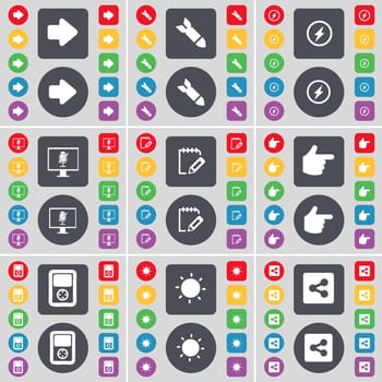 Arrow right, Rocket, Flash, Monitor, Survey, Hand, Player, Light, Share icon symbol. A large set of flat, colored buttons for your design. illustration