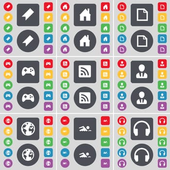 Marker, House, File, Gamepad, RSS, Avatar, Globe, Swimmer, Headphones icon symbol. A large set of flat, colored buttons for your design. illustration