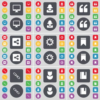 Monitor, Avatar, Quotation mark, Share, Gear, Marker, Link, Flower, Dictionary icon symbol. A large set of flat, colored buttons for your design. illustration