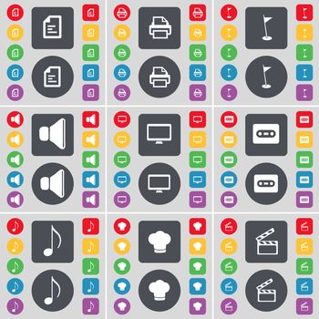 Text file, Printer, Golf hole, Sound, Monitor, Cassette, Note, Cooking hat, Clapper icon symbol. A large set of flat, colored buttons for your design. illustration