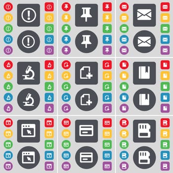 Warning, Pin, Message, Microscope, File, Dictionary, Window, Credit card, SIM card icon symbol. A large set of flat, colored buttons for your design. illustration