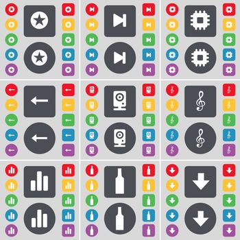 Star, Media skip, Processor, Arrow left, Speaker, Clef, Diagram, Bottle, Arrow down icon symbol. A large set of flat, colored buttons for your design. illustration