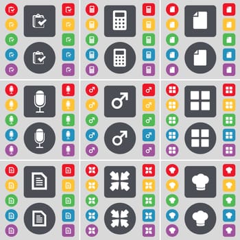 Survey, Calculator, File, Microphone, Mars symbol, Apps, Text file, Deploying screen, Cooking screen icon symbol. A large set of flat, colored buttons for your design. illustration