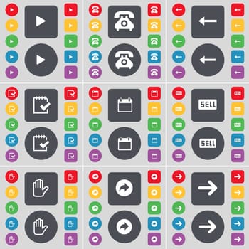 Media play, Retro phone, Arrow left, Survey, Calendar, Sell, Hand, Back, Arrow right icon symbol. A large set of flat, colored buttons for your design. illustration
