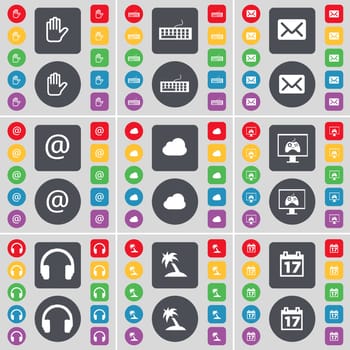 Hand, Keyboard, Message, Mail, Cloud, Monitor, Headphones, Palm, Calendar icon symbol. A large set of flat, colored buttons for your design. illustration