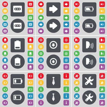 Cassette, Arrow right, Battery, Arrow down, Talk, Tie, Wrench icon symbol. A large set of flat, colored buttons for your design. illustration