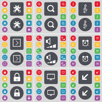 Wrenches, Magnifying glass, Clef, Arrow right, Volume, Alarm clock, Lock, Monitor, Deploying screen icon symbol. A large set of flat, colored buttons for your design. illustration