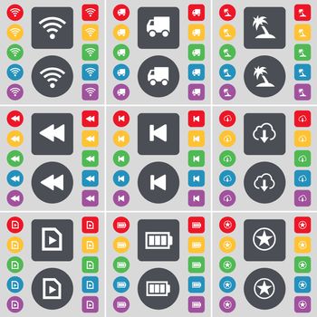 Wi-Fi, Truck, Palm, Rewind, Media skip, Cloud, File, Battery, Star icon symbol. A large set of flat, colored buttons for your design. illustration