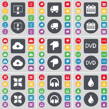 Monitor, Truck, Calendar, Cloud, Hand, DVD, Deploying screen, Headphones, Drop icon symbol. A large set of flat, colored buttons for your design. illustration