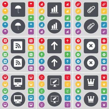 Umbrella, Diagram, Clip, RSS, Arrow up, Stop, Monitor, Crown icon symbol. A large set of flat, colored buttons for your design. illustration