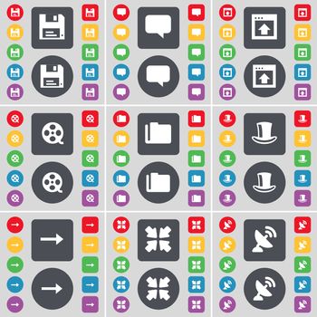 Floppy, Chat bubble, Window, Videotape, Folder, Silk hat, Arrow right, Deploying screen, Satellite dish icon symbol. A large set of flat, colored buttons for your design. illustration