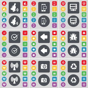 Bell, SMS, Server, Tick, Arrow left, Bug, Wi-Fi, Camera, Recycling icon symbol. A large set of flat, colored buttons for your design. illustration