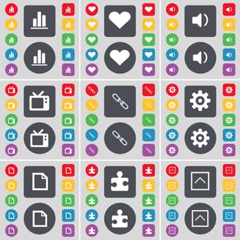 Diagram, Heart, Sound, Retro TV, Link, Gear, File, Puzzle part, Arrow up icon symbol. A large set of flat, colored buttons for your design. illustration