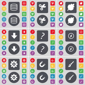 Database, Scissors, Leaf, Arrow down, Question mark, Flash, Gear, Magnet, Brush icon symbol. A large set of flat, colored buttons for your design. illustration