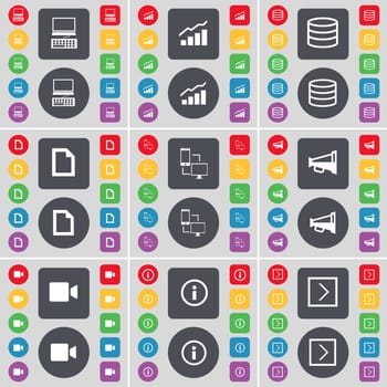 Laptop, Graph, Database, File, Connection, Megaphone, Film camera, Information, Arrow right icon symbol. A large set of flat, colored buttons for your design. illustration