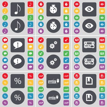 Note, Stopwatch, Vision, Chat bubble, Gear, Record-player, Percent, Keyboard, File icon symbol. A large set of flat, colored buttons for your design. illustration