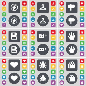 Flash, Hanger, Signpost, SIM card, Cassette, Hand, Heart, Bug, Shopping bag icon symbol. A large set of flat, colored buttons for your design. illustration
