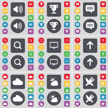 Sound, Cup, Chat, Magnifying glass, Monitor, Arrow up, Cloud, Fork and knife icon symbol. A large set of flat, colored buttons for your design. illustration