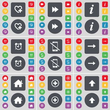 Heart, Rewind, Information, Alarm clock, Smartphone, Arrow right, House, Plus, Arrow up icon symbol. A large set of flat, colored buttons for your design. illustration