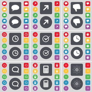 Chat bubble, Full screen, Dislike, Clock, Tick, Clock, Chat bubble, Mobile, Star icon symbol. A large set of flat, colored buttons for your design. illustration