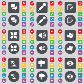 Chat, Microphone, Survey, Deploying screen, Sound, Film camera, Palm, Sighpost, Vision icon symbol. A large set of flat, colored buttons for your design. illustration