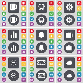 Cup, Bus, Gear, Diagram, Notification, Suitcase, Back, Record player, Cloud icon symbol. A large set of flat, colored buttons for your design. illustration