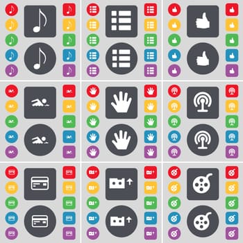 Note, List, Like, Swimmer, Hand, Wi-Fi, Credit card, Cassette, Palette icon symbol. A large set of flat, colored buttons for your design. illustration