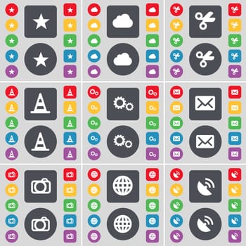 Star, Cloud, Scissors, Cone, Gear, Message, Camera, Globe, Satellite dish icon symbol. A large set of flat, colored buttons for your design. illustration