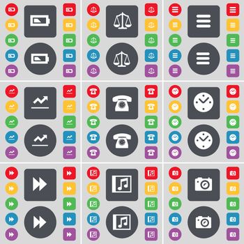 Battery, Scales, Apps, Graph, Retro phone, Clock, Rewind, Music window, Camera icon symbol. A large set of flat, colored buttons for your design. illustration