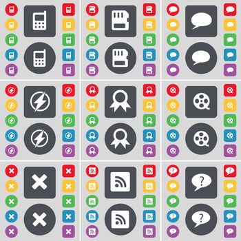Mobile phone, SIM card, Chat bubble, Flash, Medal, Videotape, Stop, RSS, Chat bubble icon symbol. A large set of flat, colored buttons for your design. illustration