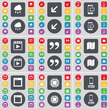 Cloud, Deploying screen, SMS, Media player, Quotation mark, Map, Window, Processor, Smartphone icon symbol. A large set of flat, colored buttons for your design. illustration