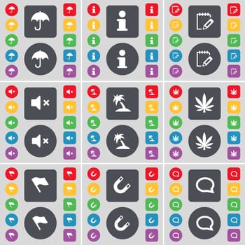 Umbrella, Information, Survey, Mute, Palm, Marijuana, Flag, Magnet, Chat bubble icon symbol. A large set of flat, colored buttons for your design. illustration