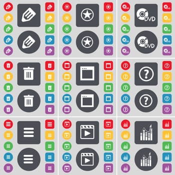 Pencil, Star, DVD, Trash can, Window, Question mark, Apps, Media play, Graph icon symbol. A large set of flat, colored buttons for your design. illustration