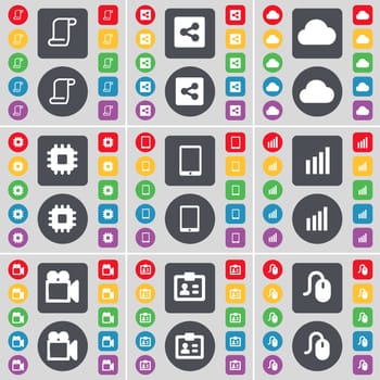Scroll, Share, Cloud, Processor, Tablet PC, Diagram, Film camera, Contact, Mouse icon symbol. A large set of flat, colored buttons for your design. illustration